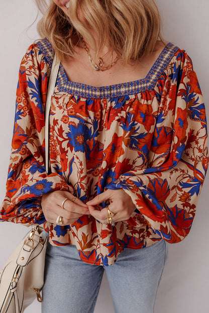 Threaded Pear Adeline Floral Print Square Neck Backless Loose Fit Blouse
