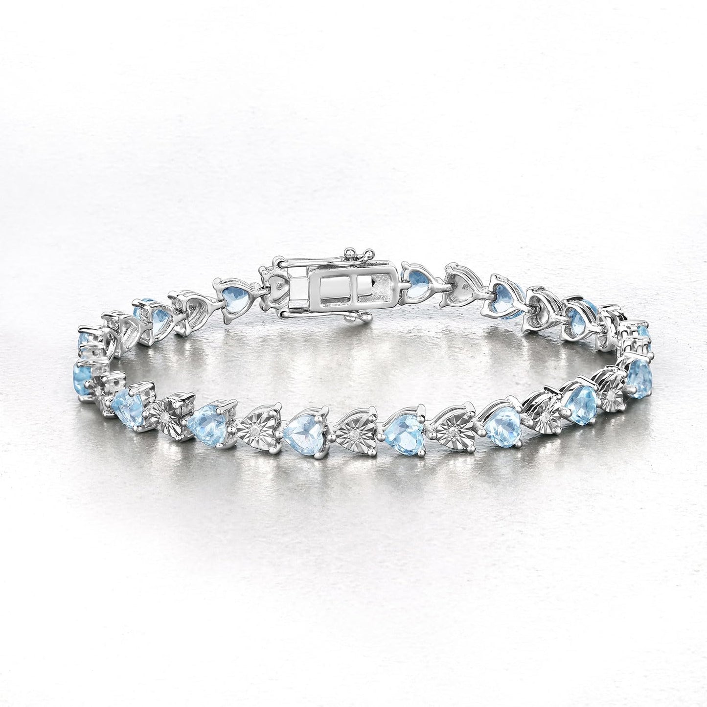 7.50 Ct Heart Blue Topaz & Diamond Prong Silver Tennis Bracelet