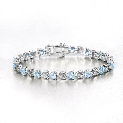 7.50 Ct Heart Blue Topaz & Diamond Prong Silver Tennis Bracelet