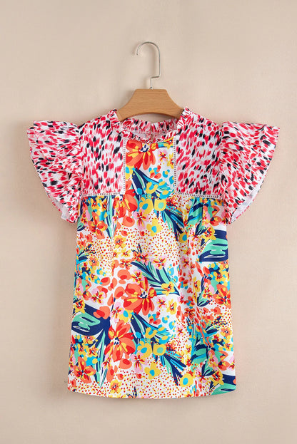 Threaded Pear Keyla Floral Mixed Ruffle Cap Sleeve Blouse
