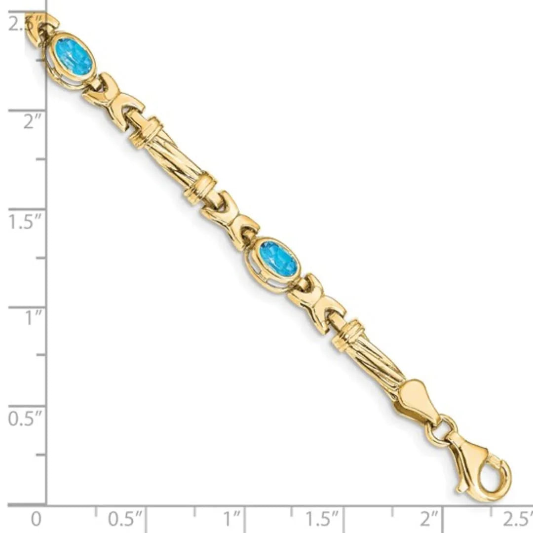Oval Swiss Blue Topaz Bezel 10K Yellow Gold Fancy Link Bracelet