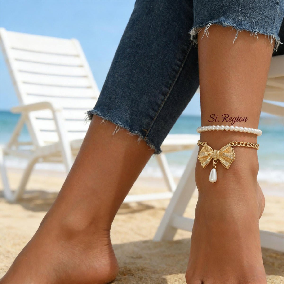 Pearl & Goldtone Butterfly Drop Charm Anklet Set