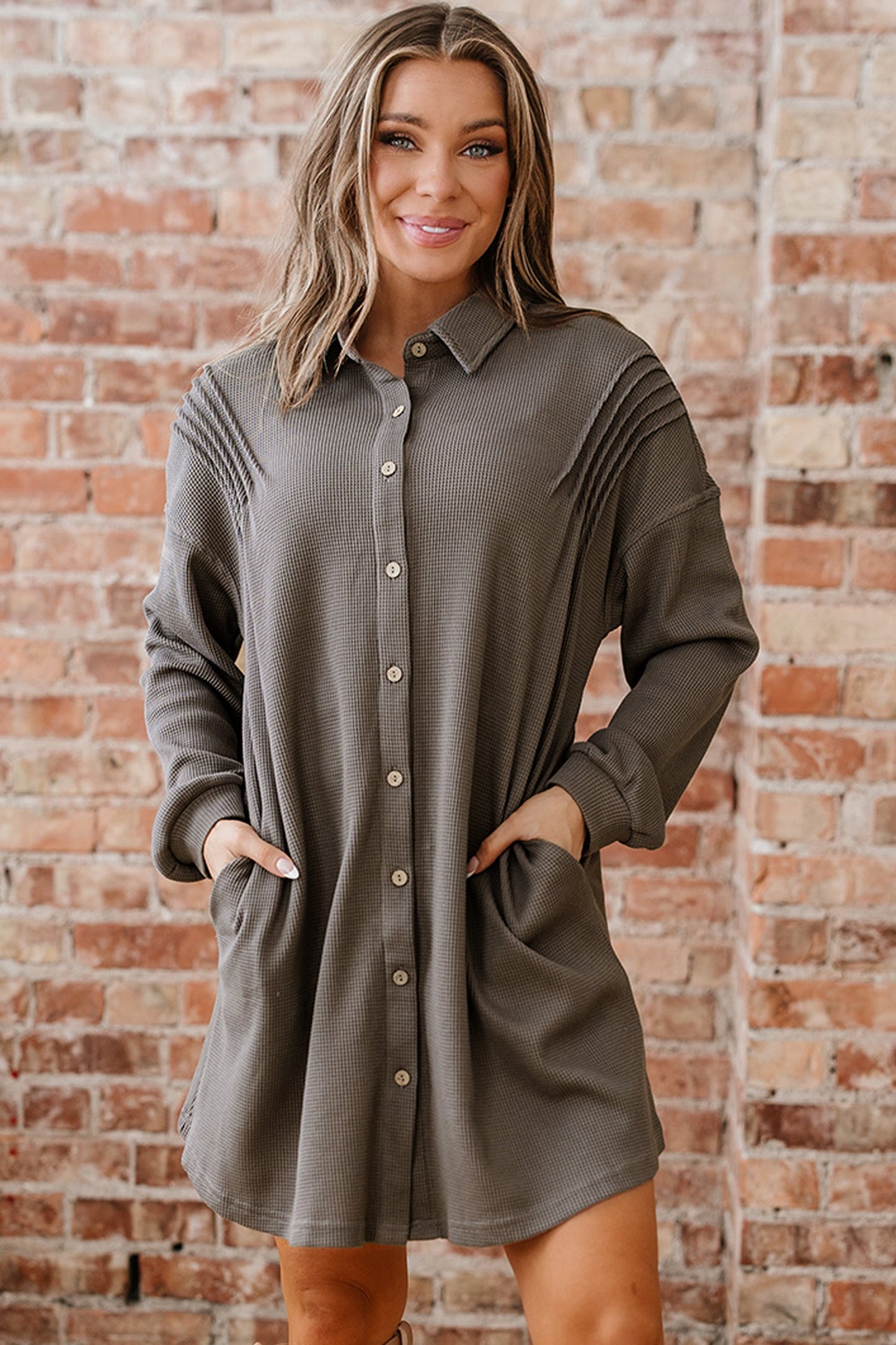 Threaded Pear Viviana Taupe Waffle Knit Shirt