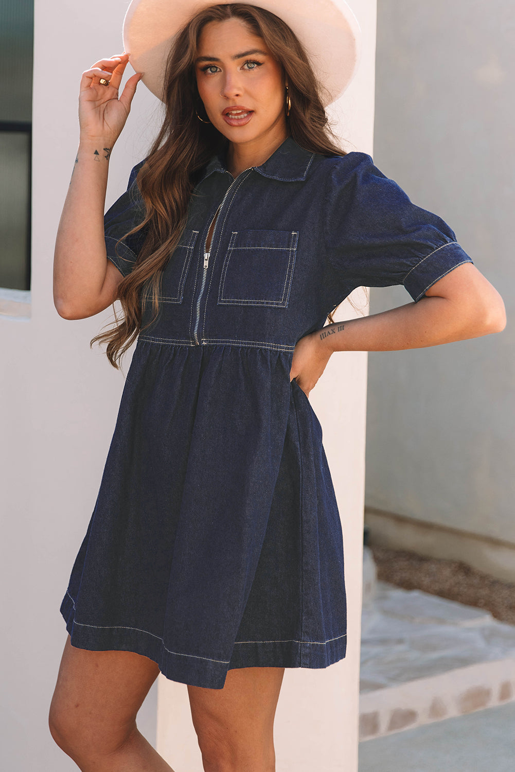 Threaded Pear Melina Zipped up Denim Dress