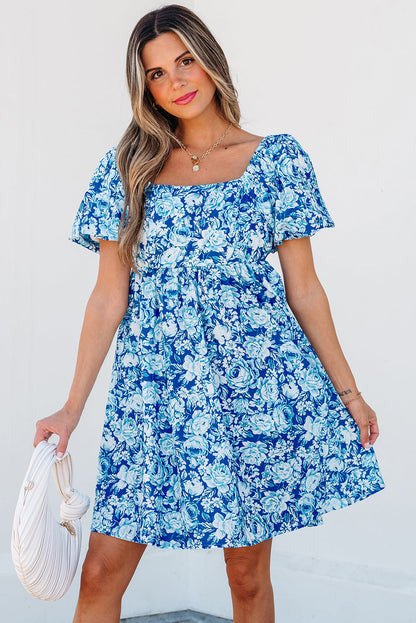 Threaded Pear Azalea Floral Puff Sleeve Babydoll Mini Dress