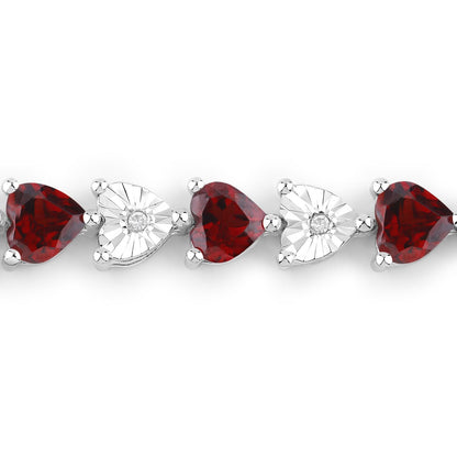 0.14 Ct Heart Red Garnet & Diamond Prong Silver Box Clasp Tennis Bracelet