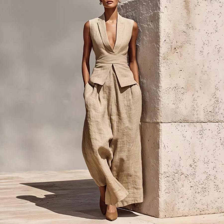 Women's Linen V-Neck Sleeveless Tank Top & Long Pants Set