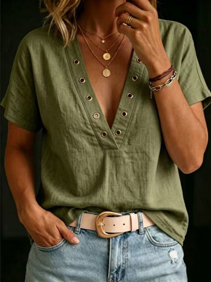 Women's V-Neck Short-Sleeve Loose-Fit Linen Shirt