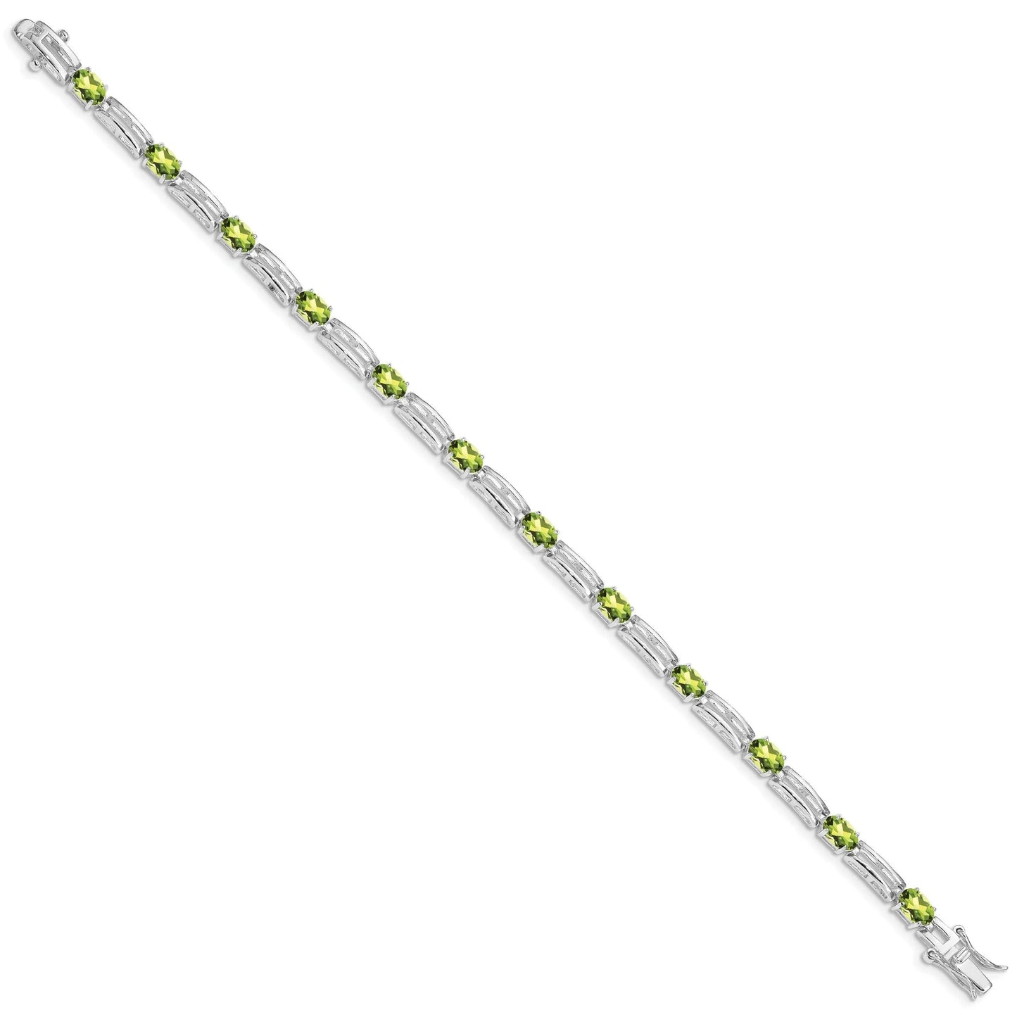 Oval Green Peridot Prong Rhodium Plated Sterling Silver Bar Link Bracelet