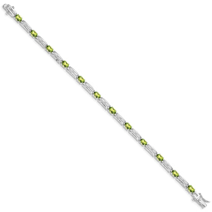 Oval Green Peridot Prong Rhodium Plated Sterling Silver Bar Link Bracelet
