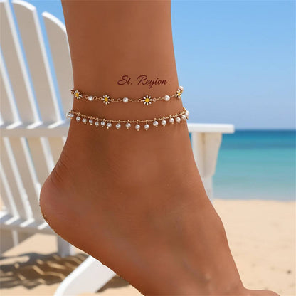 Pearl & White Enamel Goldtone Mum Stations Chain Anklet Set