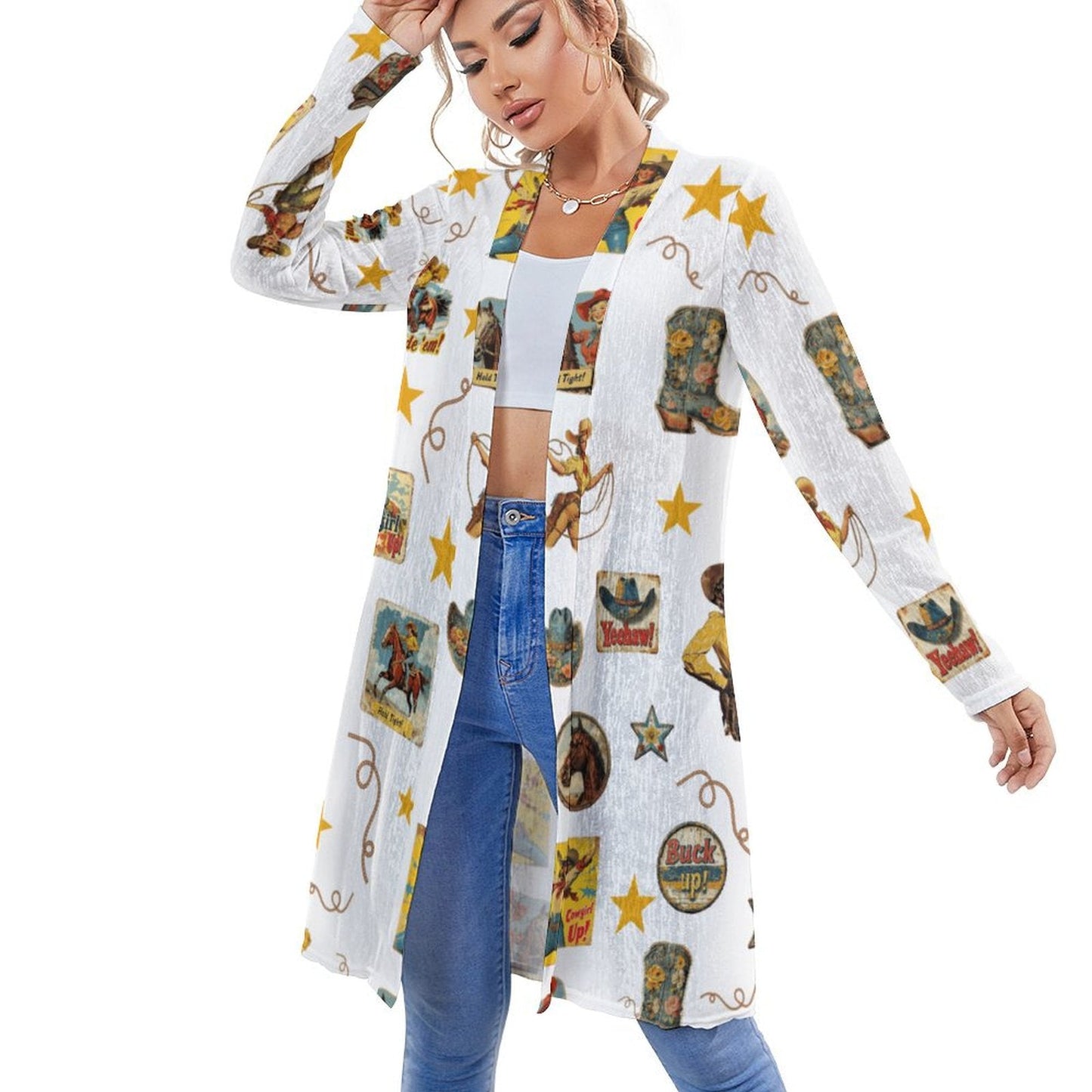 Baha Ranch Vintage Cowgirl Collage Western Lightweight Cardigan