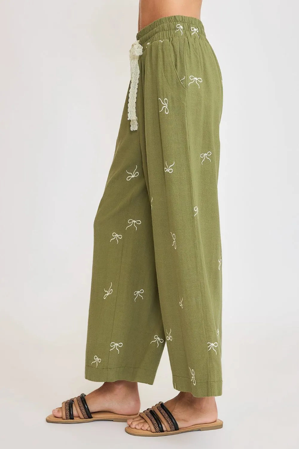 Umgee Full Size Lace Drawstring Embroidered Bow Wide Leg Pants Plus Size