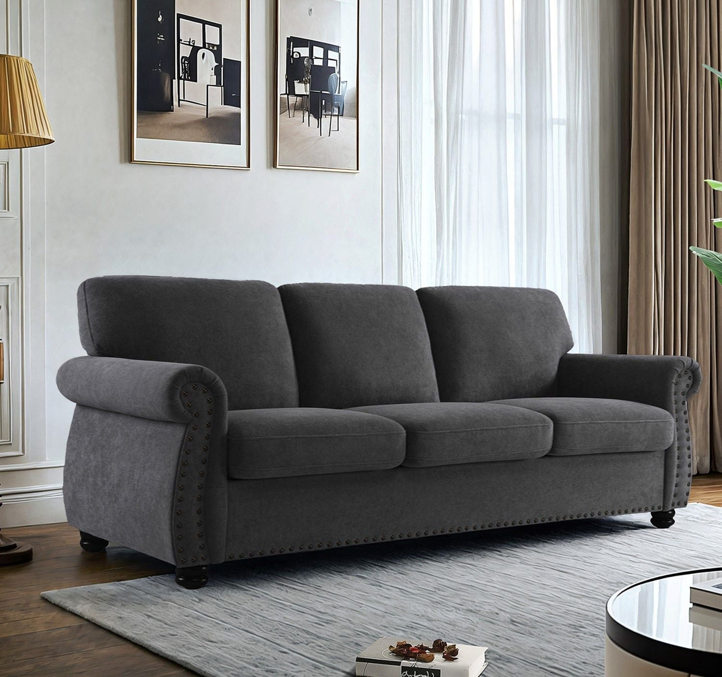 Soft Sofa, Upholstered 3 Seater Couch With High Density Foam, Loose Back Cushions and Turned Legs