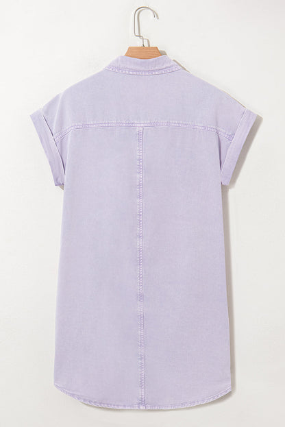 Pink Double Chest Pocket Denim Shirt Dress