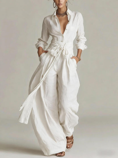 Women's Linen Long Sleeve Shirt & High-Waist Wide-Leg Pants Set with Tie Belt