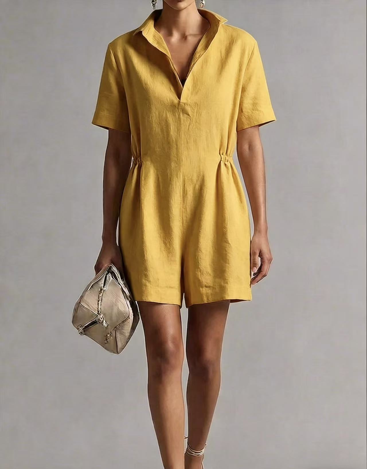 Women's Casual Lapel-Neck Three-Quarter Sleeve Split Jumpsuit