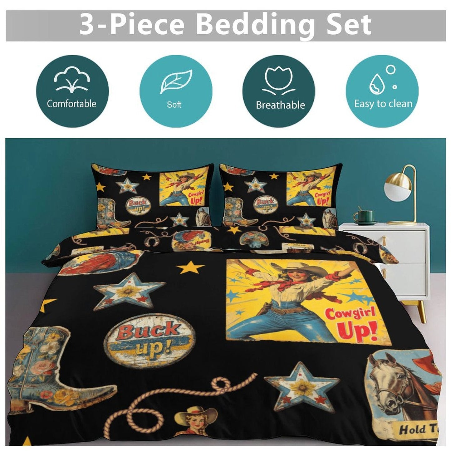 Vintage Cowgirl Collage Design 3-Piece Bedding Set (1 Duvet Cover + 2 Pillow Shams) – 102"×90"