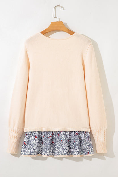 Threaded Pear Mary Cable Texture Bohemian Ruffle Hem Sweater