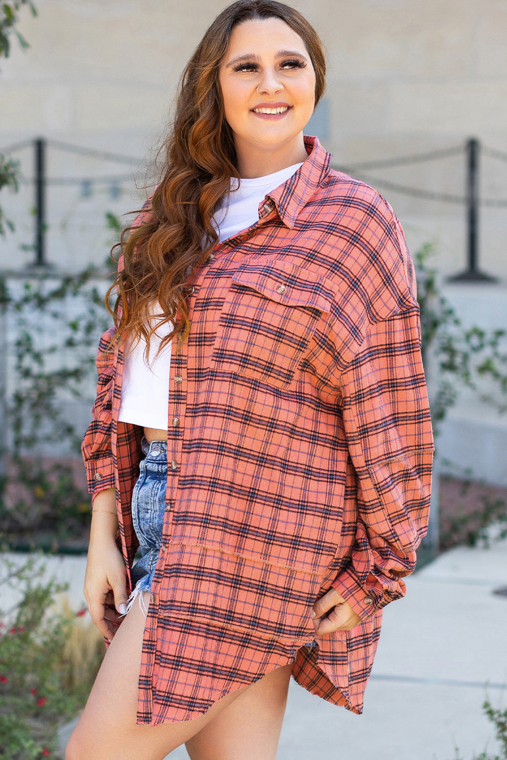Threaded Pear Plaid Long Sleeve Side Split Distressed Shirt