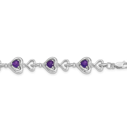 Heart Purple Amethyst & Diamond Prong Sterling Silver Heart Link Bracelet