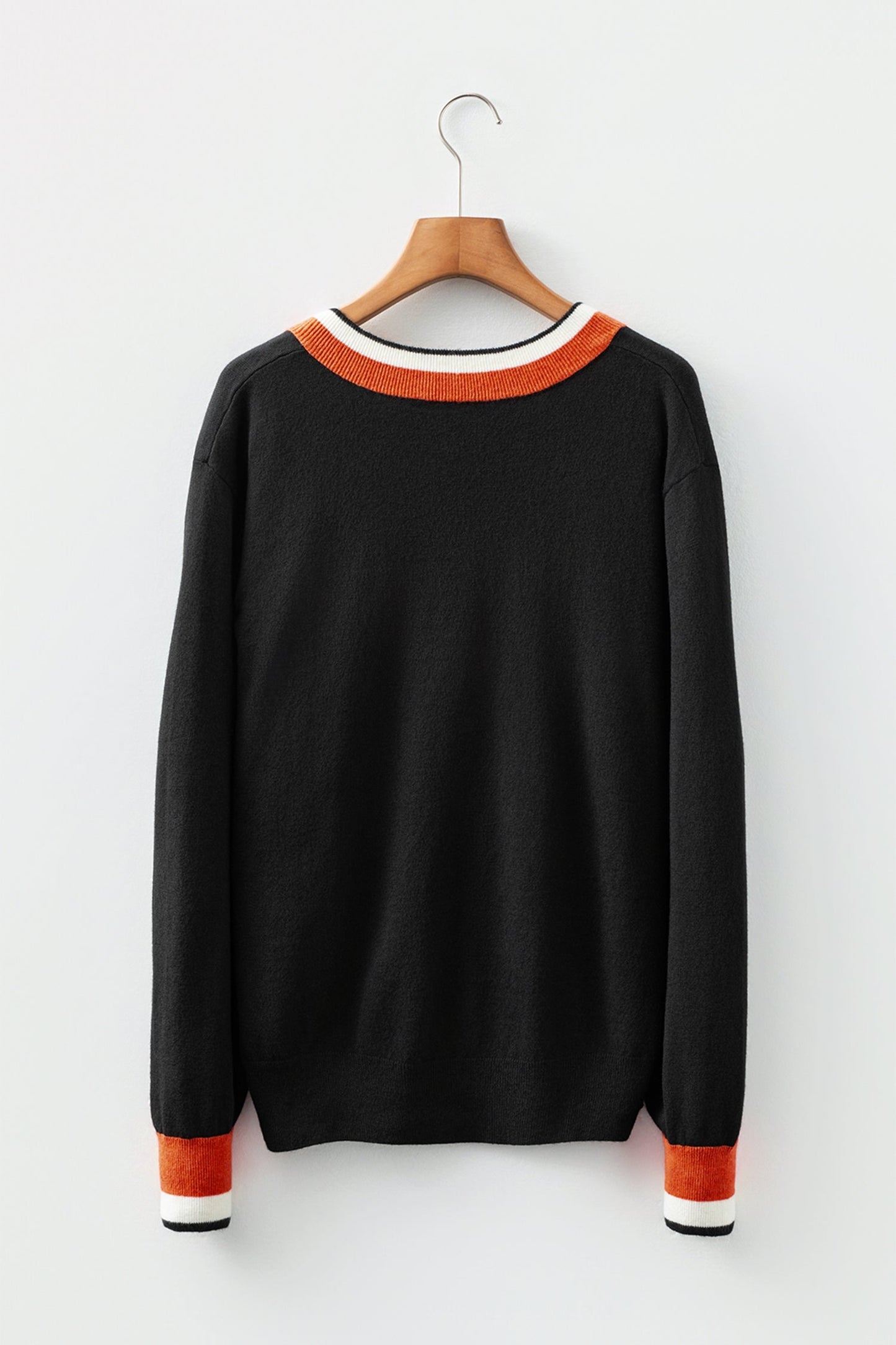 Threaded Pear Scarlett Striped Trim Varsity Sweater
