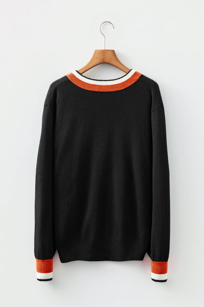 Threaded Pear Scarlett Striped Trim Varsity Sweater