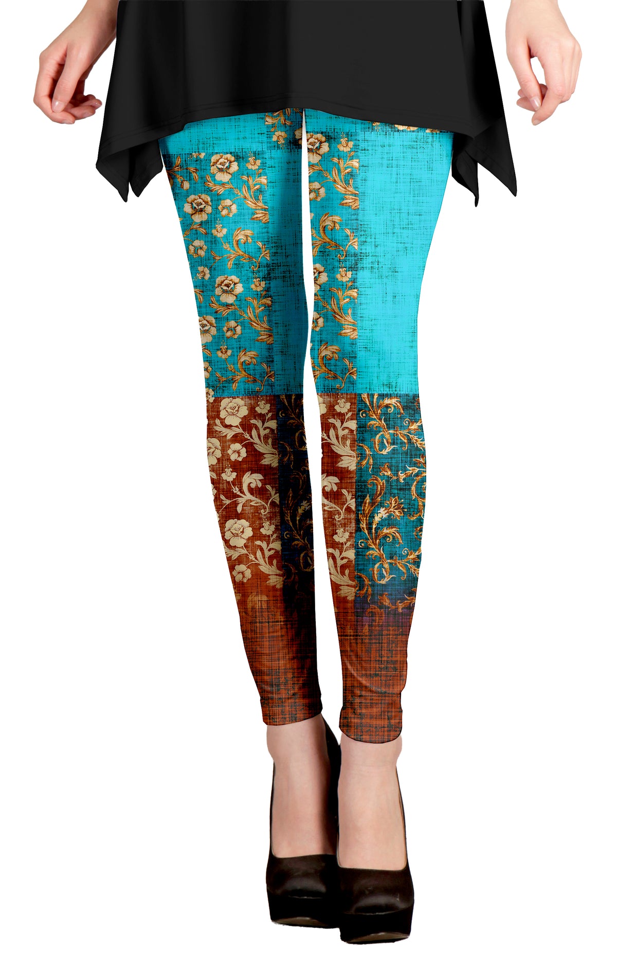Turquoise Brown Patchwork Print-