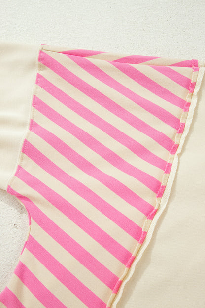 Threaded Pear Pink Stripe Contrast Polo Collar Drop Shoulder Patchwork Plus Size Pullover