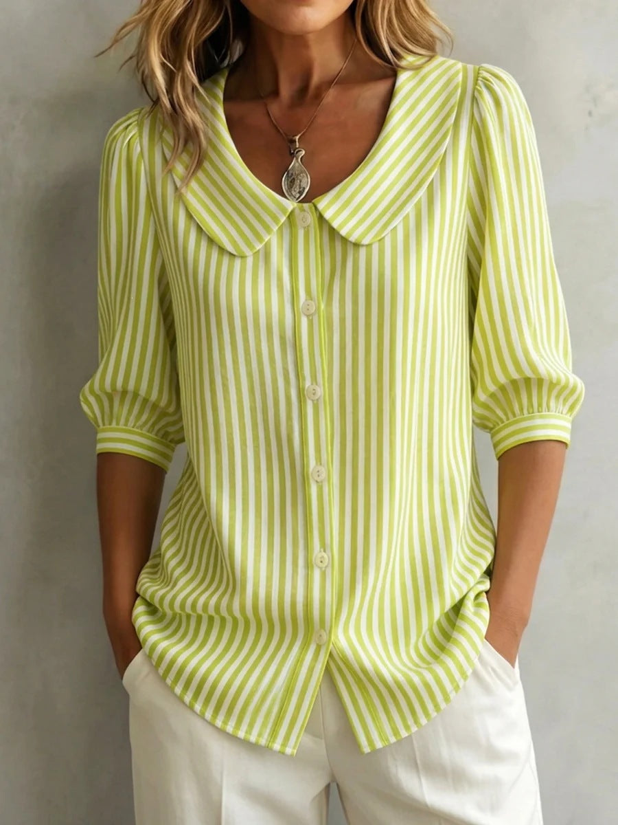 Striped V-Neck Top – Three-Quarter Sleeve Casual Shirt