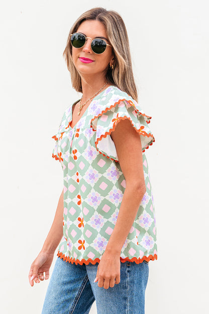 Threaded Pear Belen Floral Layered Flutter Sleeve Rac Trim Blouse