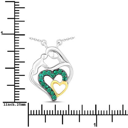 Genuine Emerald Prong Silver Double Heart Pendant Necklace