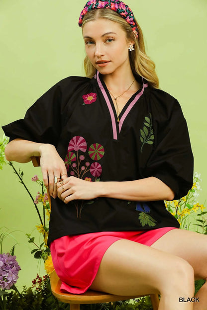 Umgee Embroidered Floral V-Neck Blouse