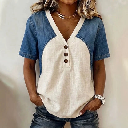 Women's Loose Denim Patchwork Color-Block T-Shirt