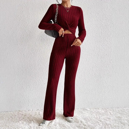 Women's Twist-Front Crop Top & Wide-Leg Ribbed Knit Set – 3 Colors