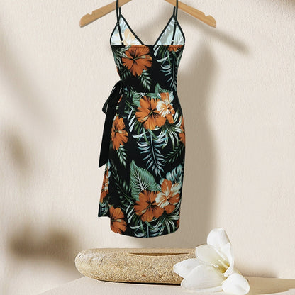 Women's V-neck Lace Up Plant Print Off Shoulder Versatile Dress