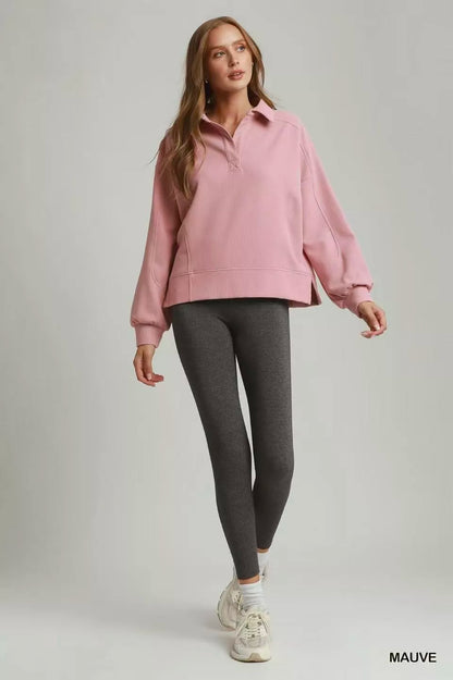 Umgee Brushed Waffle Polo Collared Pullover