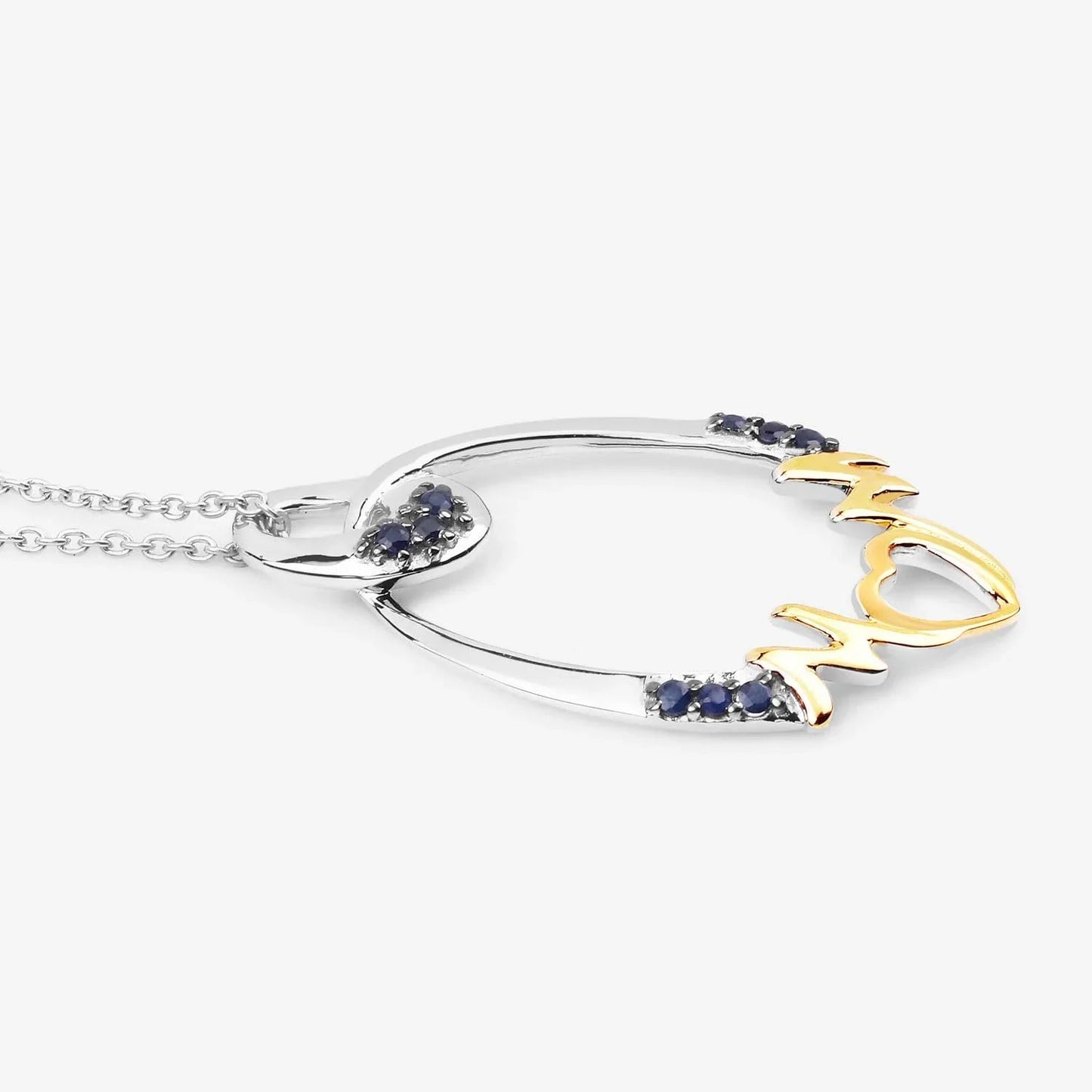 Round Blue Sapphire Prong Silver Mom Pendant Necklace