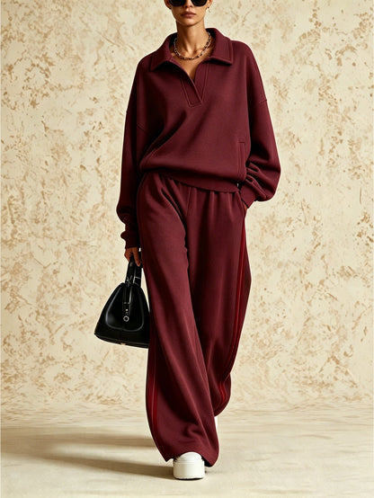 Women's Polo-Collar Oversized Sweatshirt & Side-Stripe Wide-Leg Pants Set