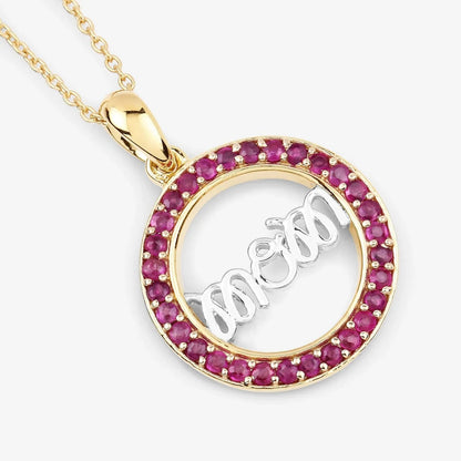 Round Pink Ruby Prong Gold Plated Silver Mom Circle Pendant Necklace