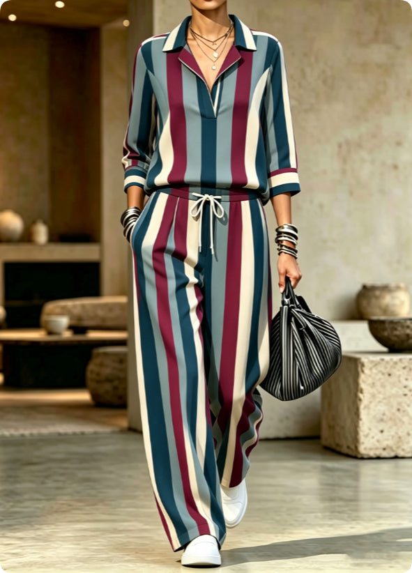 Women's V-Neck Lapel Printed Raglan Three-Quarter Sleeve Cropped Top & Wide-Leg Drawstring Trouser Set
