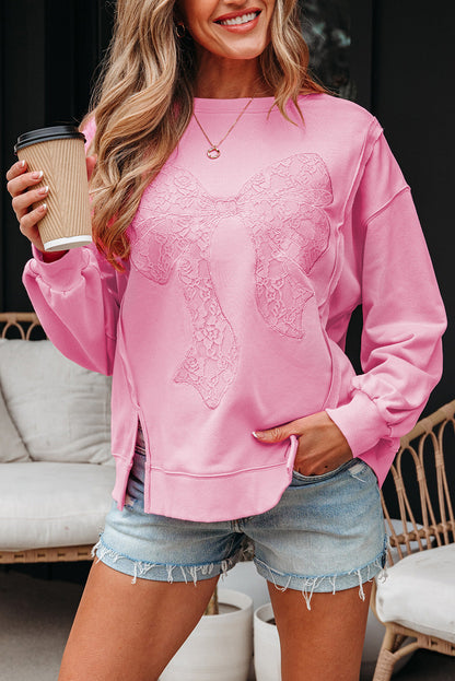Threaded Pear Brianna Lace Bow Embroidered Exposed Seam Sweatshirt