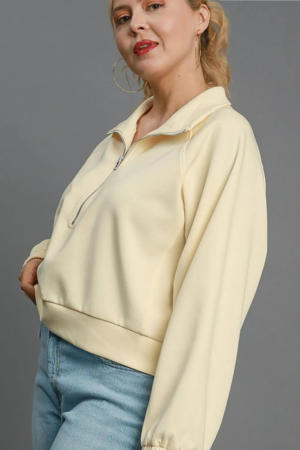 Umgee Full Size Half Zip Cropped Sweatshirt Plus Size