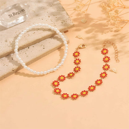 Pearl & Red Enamel Goldtone Mum Stations Anklet Set