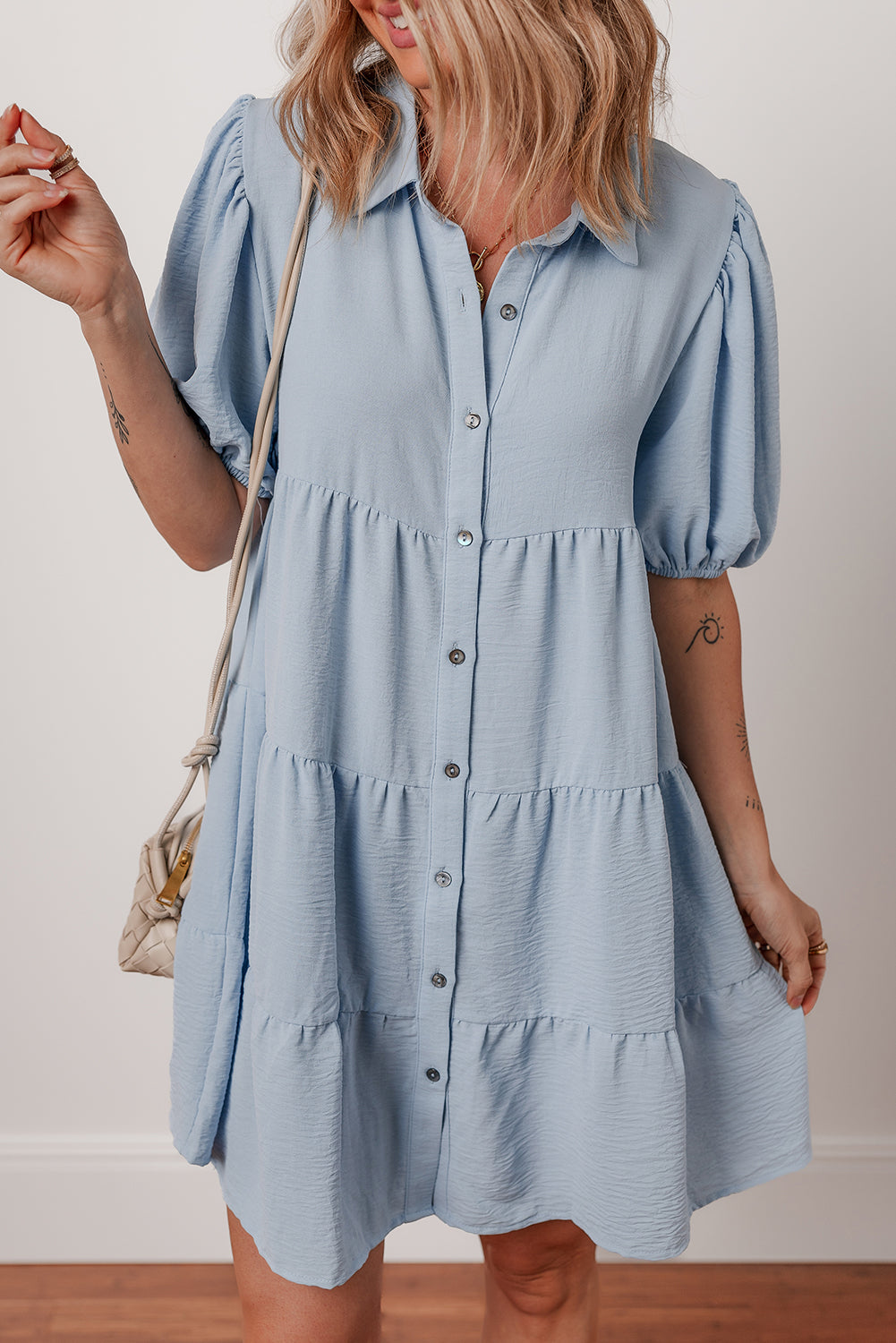 Threaded Pear Arya Shirt Collar Button Up Puff Sleeve Tiered Dress