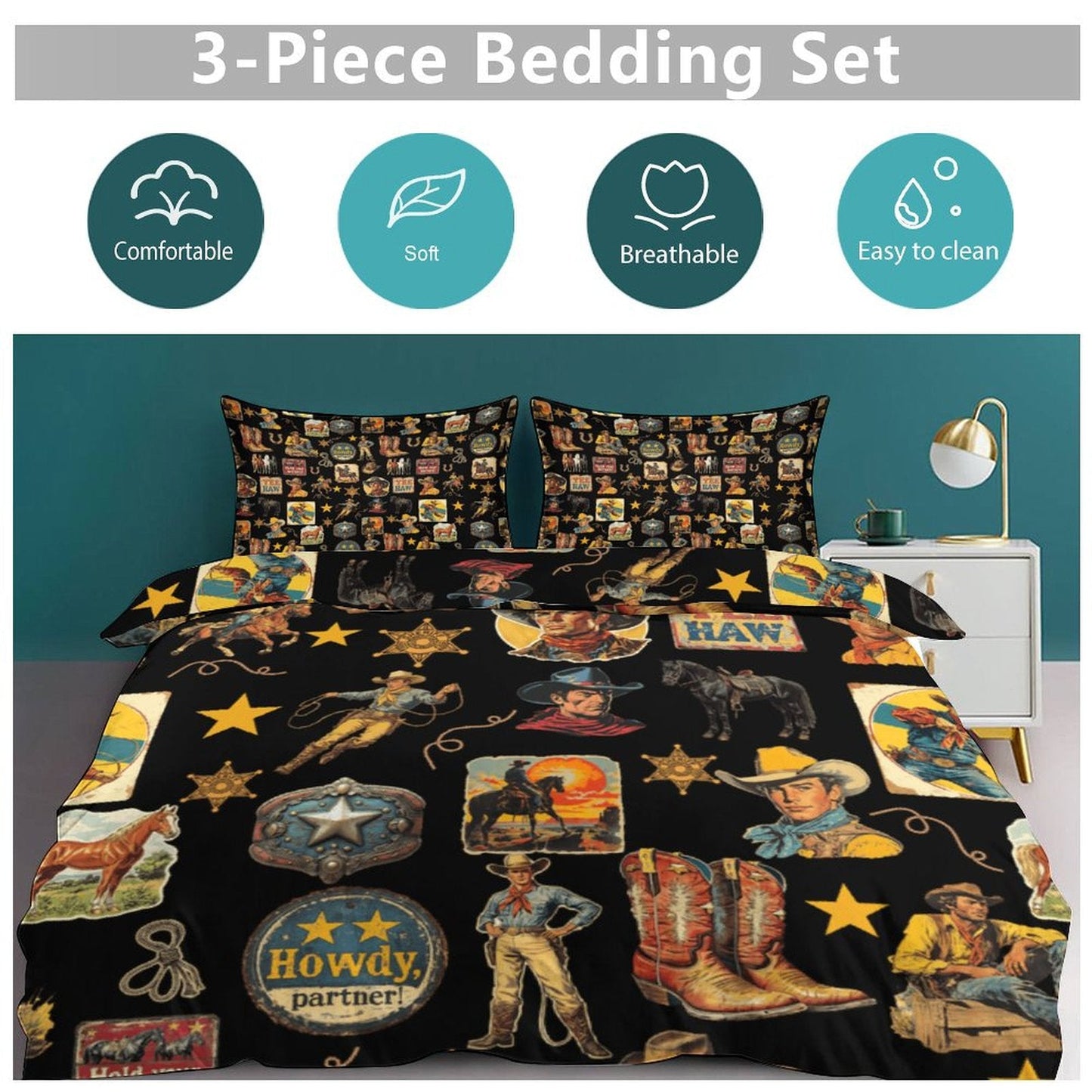 Vintage Cowboy Collage Design 3-Piece Bedding Set (1 Duvet Cover + 2 Pillow Shams) – 102"×90"