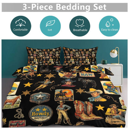 Vintage Cowboy Collage Design 3-Piece Bedding Set (1 Duvet Cover + 2 Pillow Shams) – 102"×90"