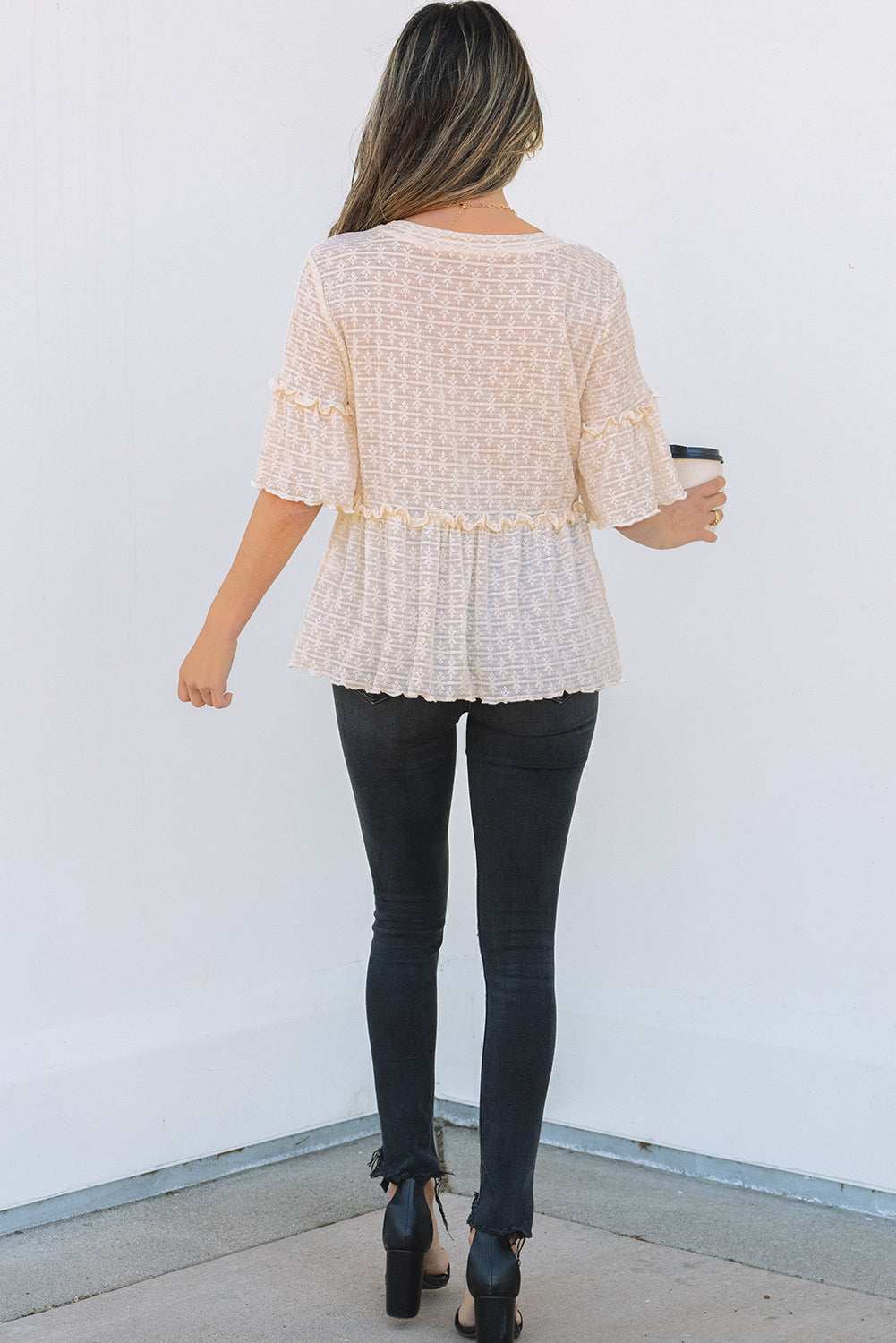 Threaded Pear Oaklyn Textured Ruffled Short Sleeve Blouse