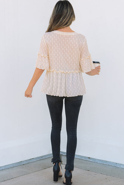 Threaded Pear Oaklyn Textured Ruffled Short Sleeve Blouse