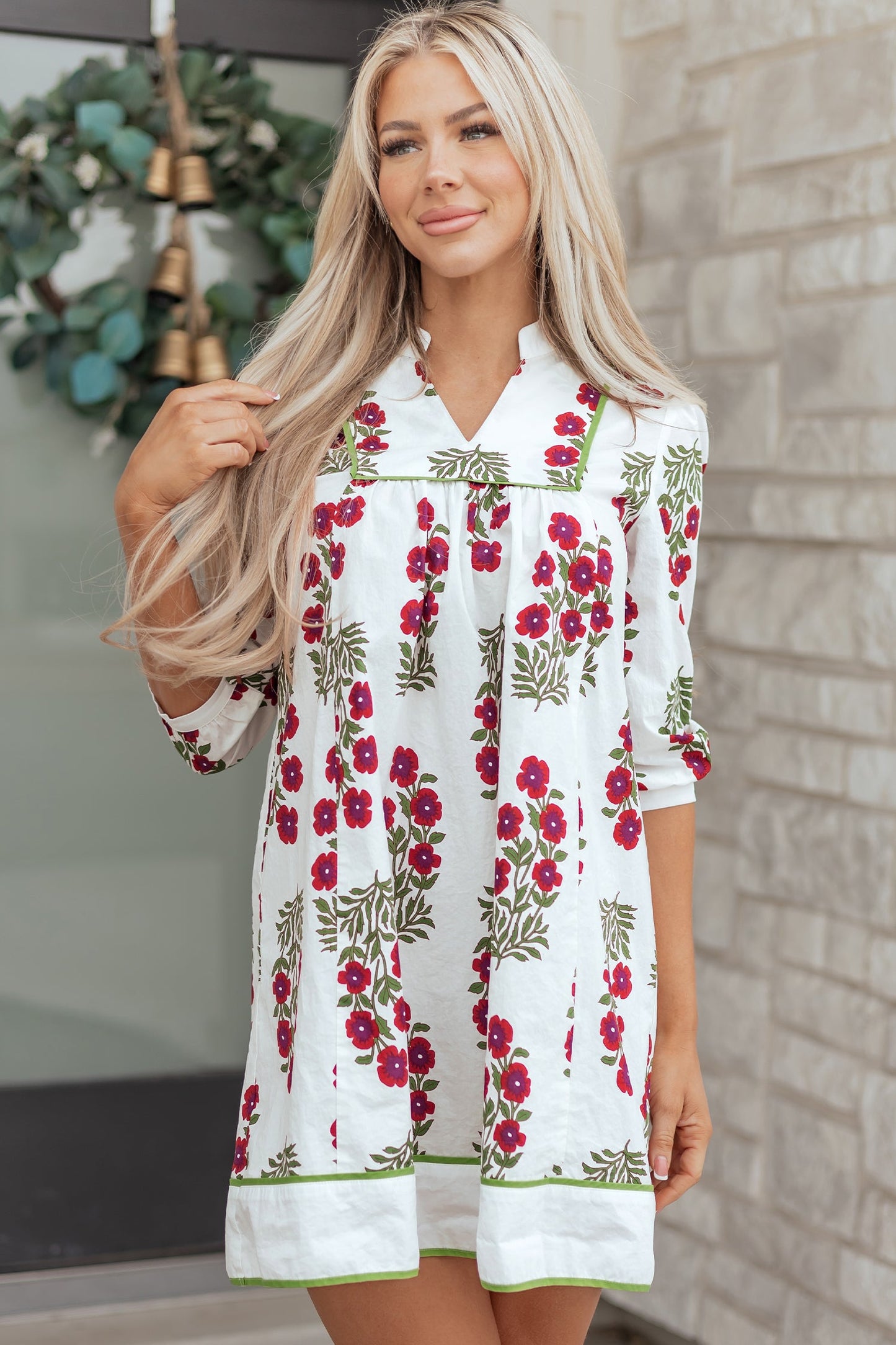 Threaded Pear Halo Sleeve Loose Floral Dress